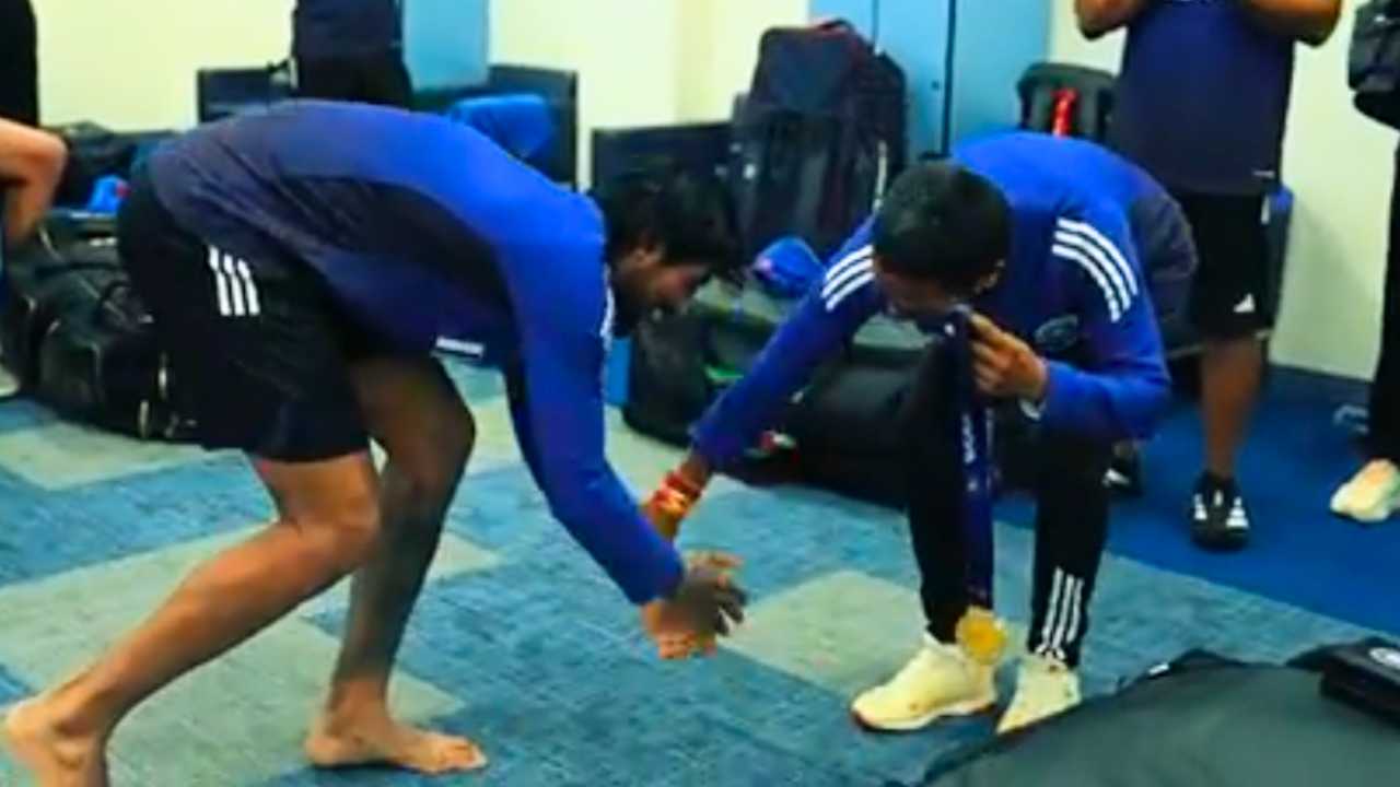 Tilak Varma to touch Raghu's feet Indian Cricket Team dressing room video