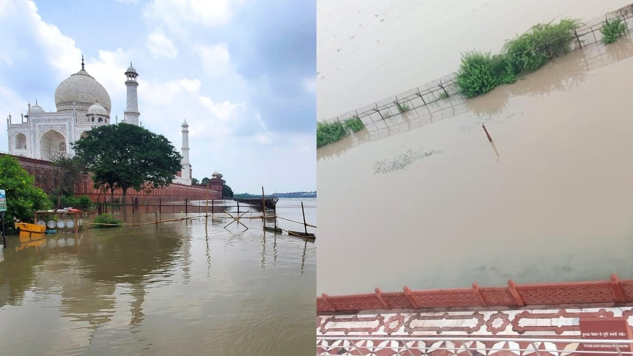 Yamuna River Rising Floodwaters Reach Taj Mahal Garden Agra-bkm
