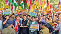 India-Bangladesh Tension Tripura protestors protest outside of Bangladesh assistant high commission