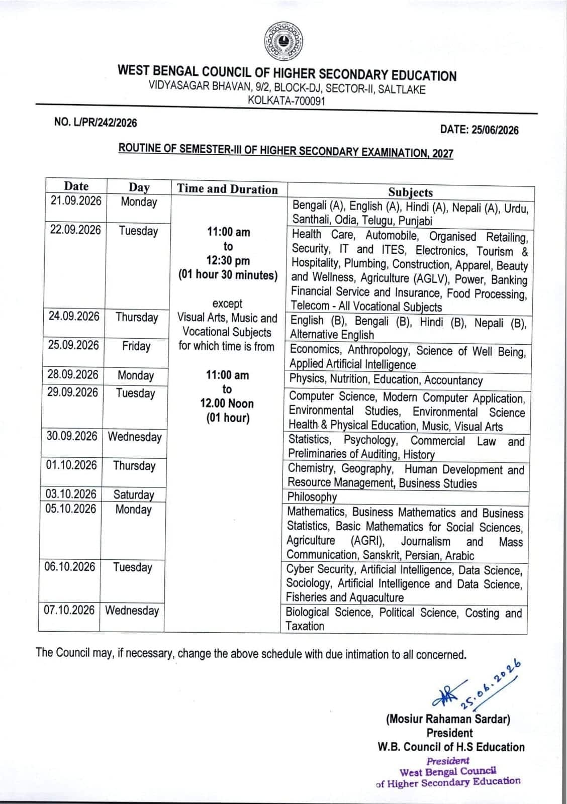 HS 3rd Semester 2027 Exam Routine